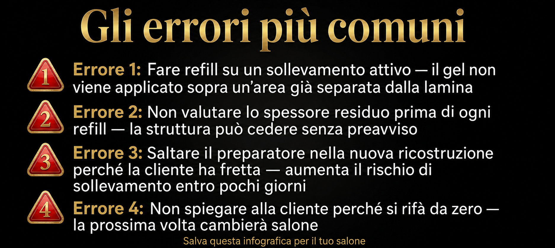 Infografica "Gli errori più comuni" nel refill e nella nuova ricostruzione unghie — 4 errori tecnici da evitare in salone